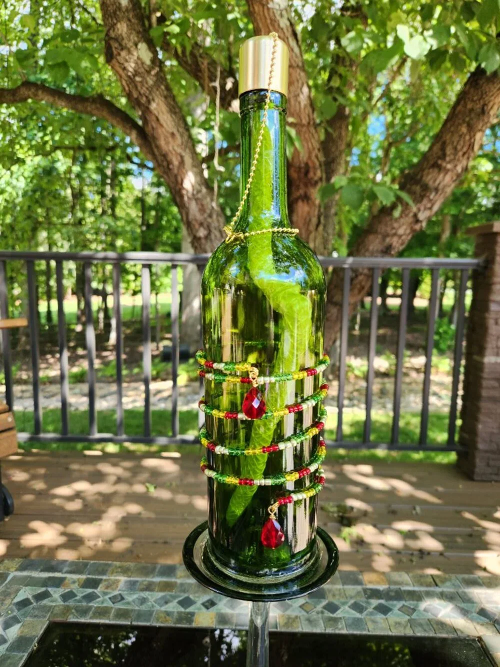 Upcycled Red Painted Flower Green Tiki Torch Beaded Accents